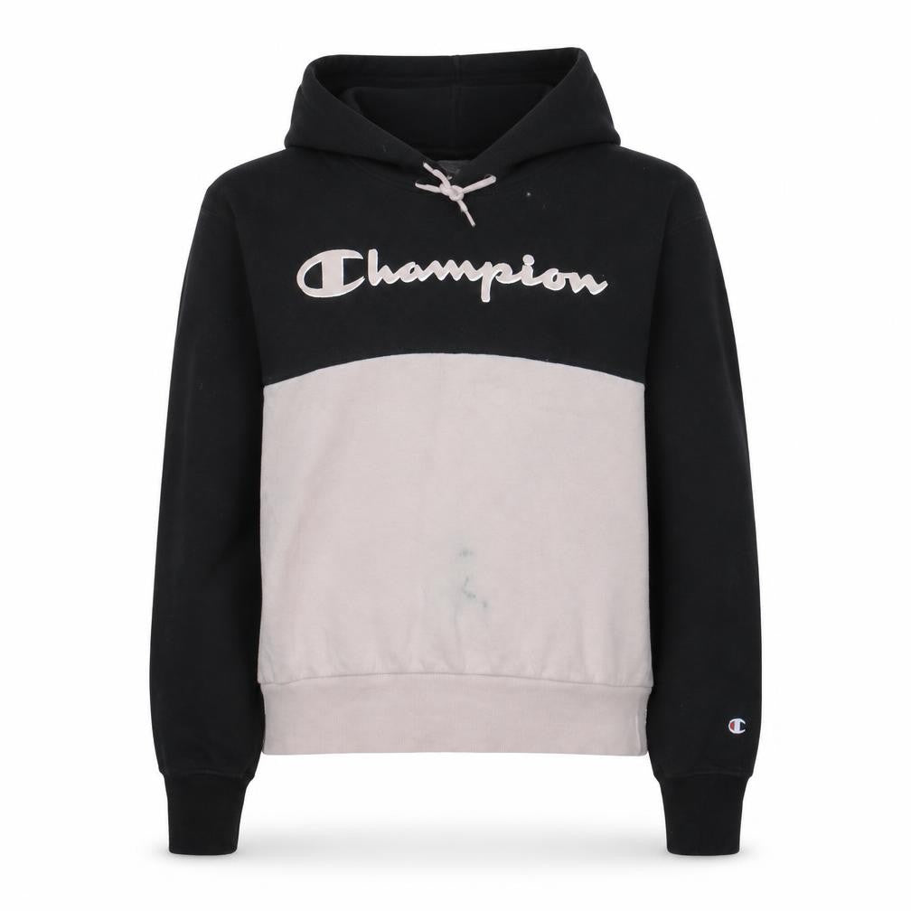 Front view of Champion Women Black Beige Pullover Hoodie Medium Logo Graphic Sweatshirt