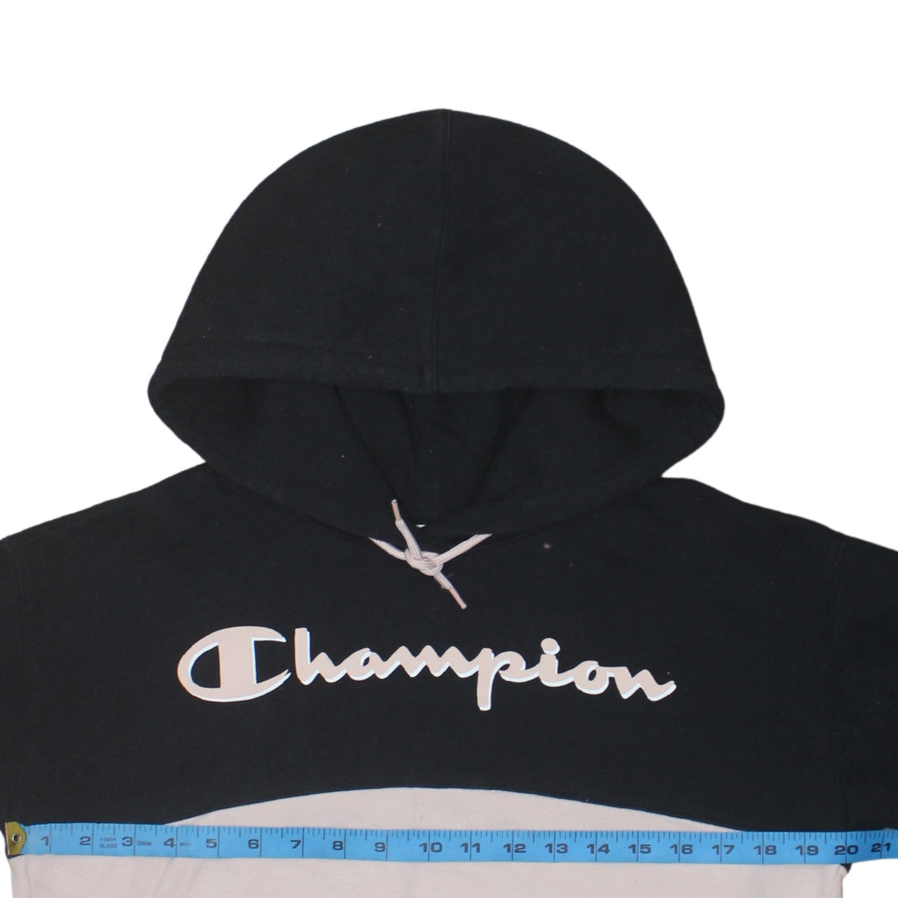 Champion Women Black Beige Pullover Hoodie Medium Logo Graphic Sweatshirt