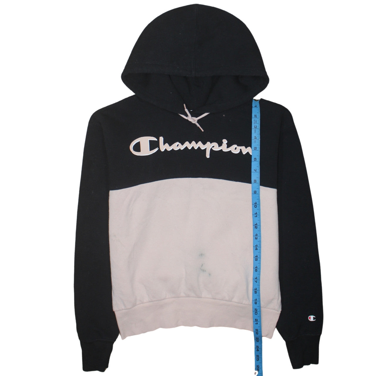 Champion Women Black Beige Pullover Hoodie Medium Logo Graphic Sweatshirt