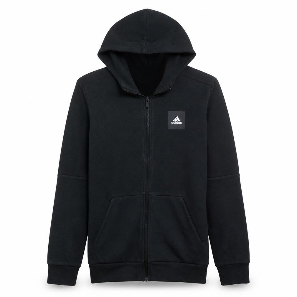 Front view of Adidas Men's Black Full Zip Hoodie, size M, Regular Fit
