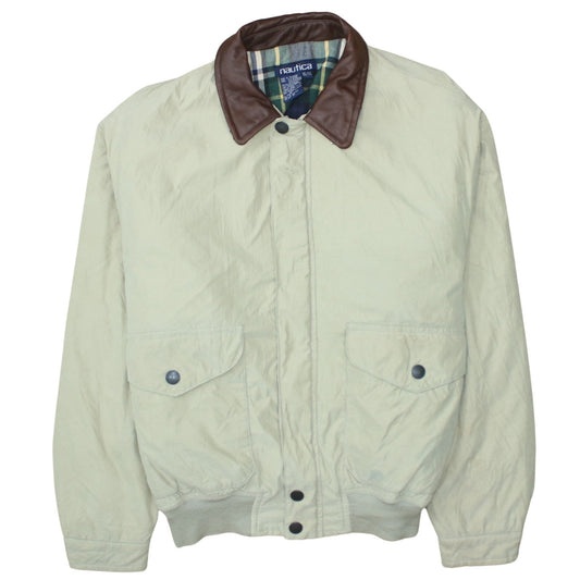 Nautica Men Beige XL Bomber Jacket Leather Collar Nylon Blend