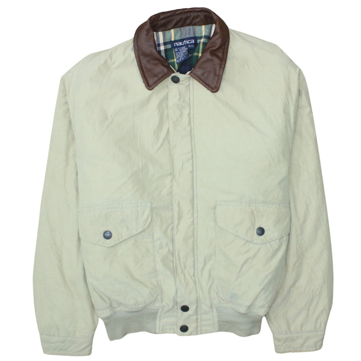 Nautica Men Beige XL Bomber Jacket Leather Collar Nylon Blend