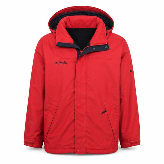 Front view of Columbia men’s red hooded waterproof parka jacket, size M