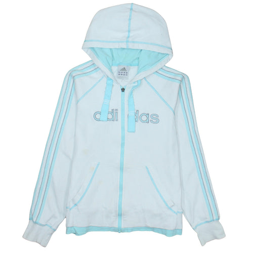Adidas Women White Blue Full Zip Hoodie Size 16 Hooded Sweatshirt