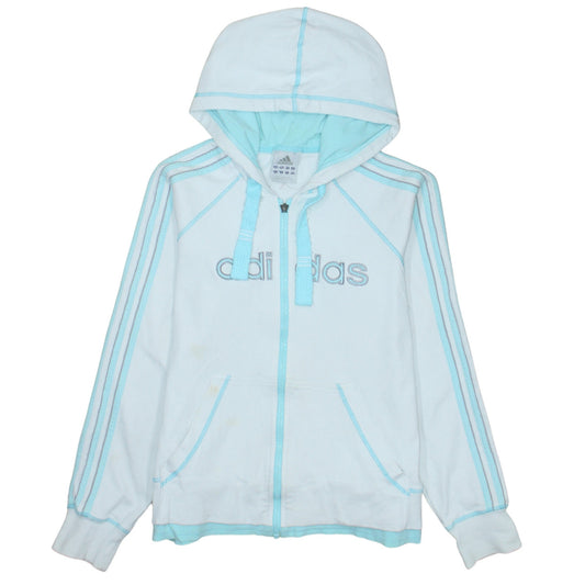 Adidas Women White Blue Full Zip Hoodie Size 16 Hooded Sweatshirt