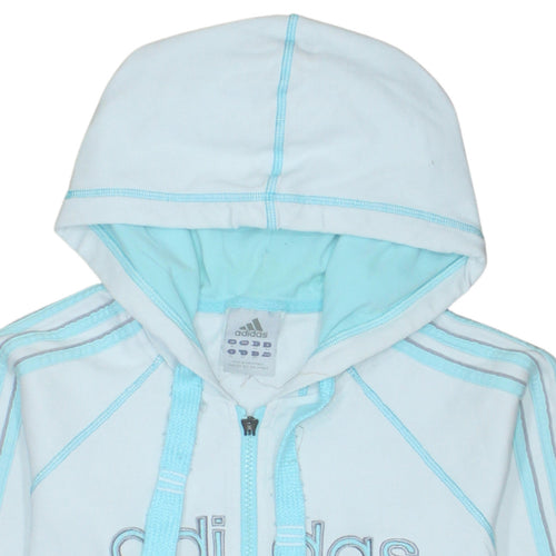 Adidas Women White Blue Full Zip Hoodie Size 16 Hooded Sweatshirt