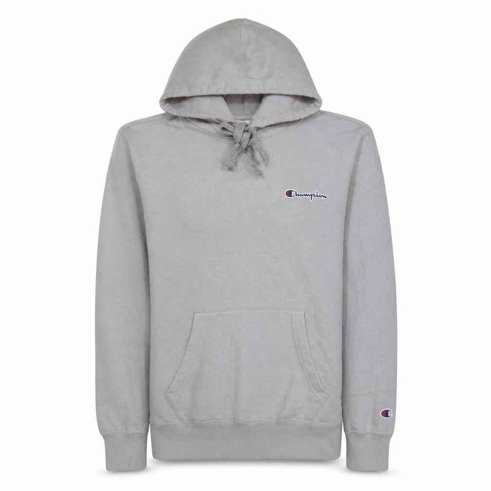 Front view of Champion Men's Grey Small Pullover Hoodie with Logo