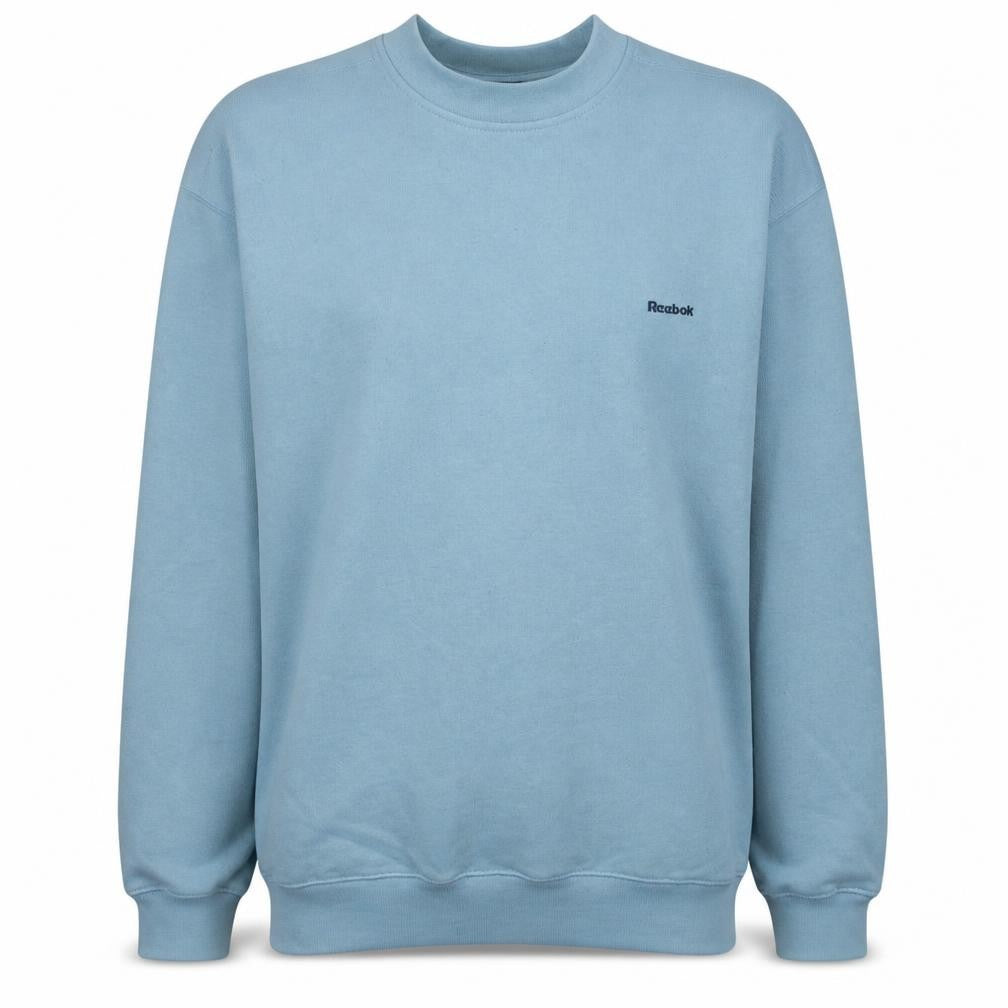 Front view of Reebok men’s blue crew neck pullover sweatshirt, size S