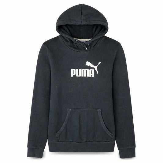 Front view of Puma women’s black pullover hoodie, size UK 12, hooded sweatshirt
