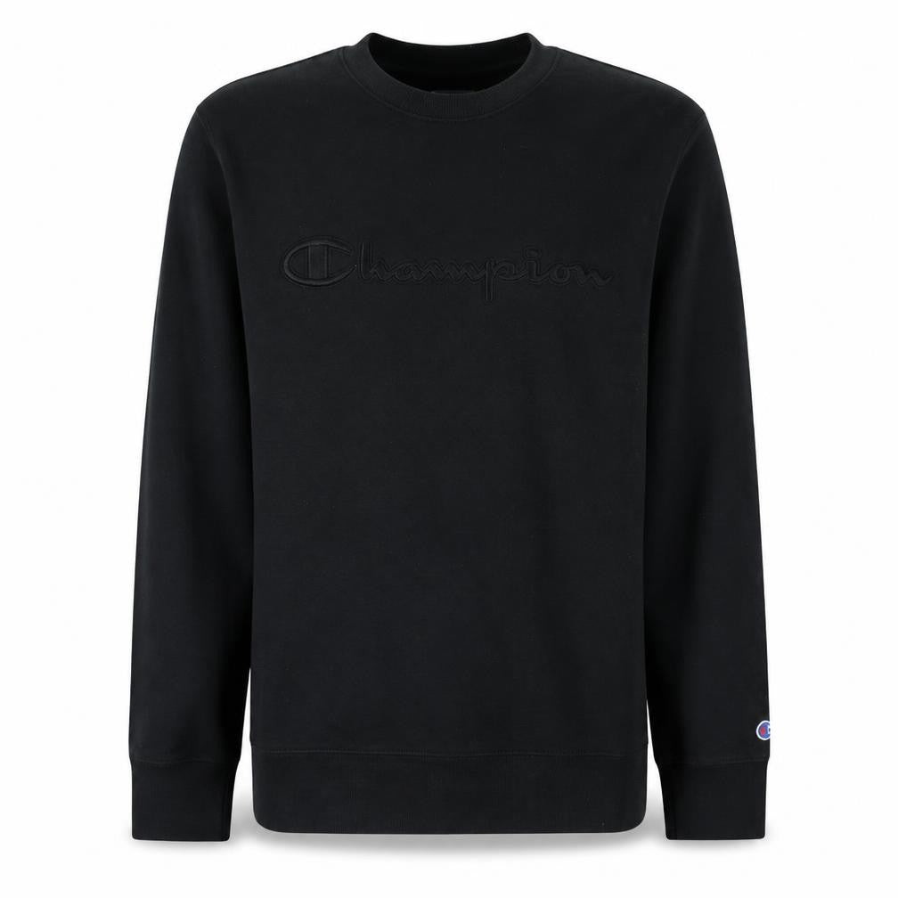 Front view of Champion Men's Black L Pullover Sweatshirt Crew Neck Embroidered Logo