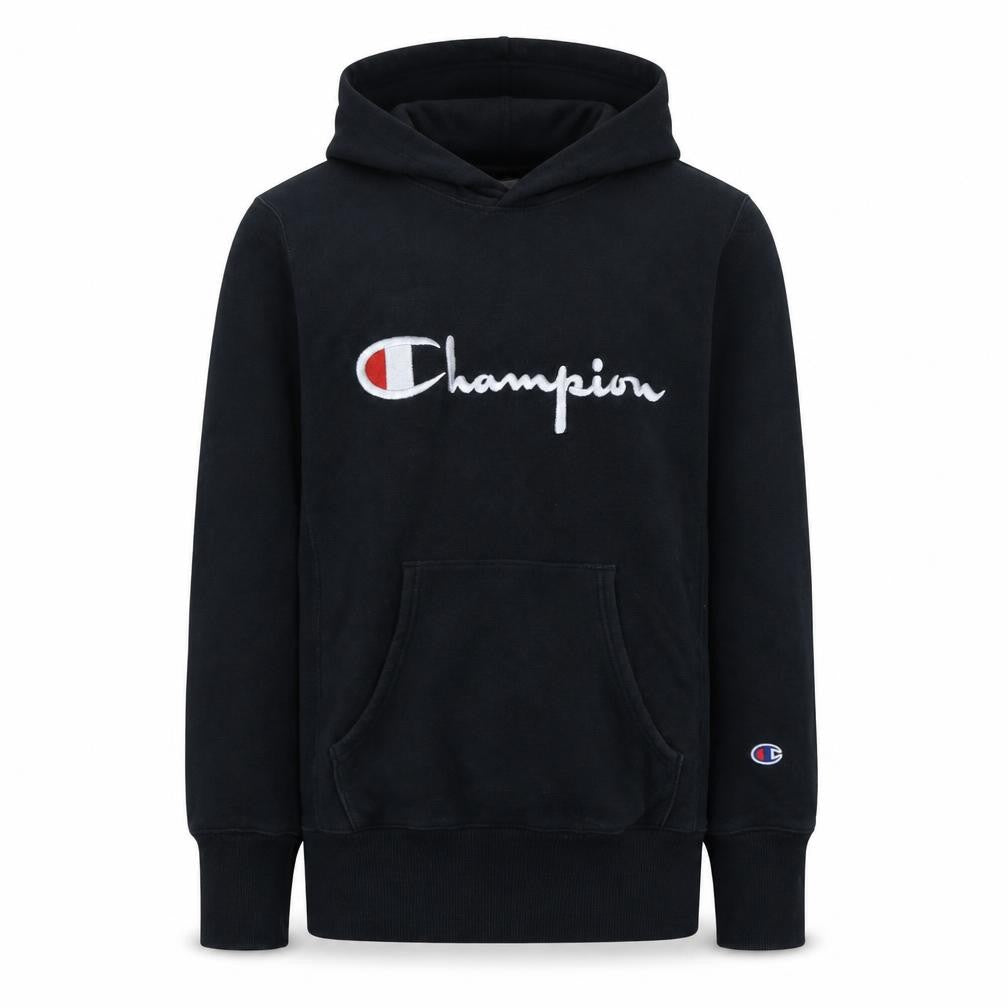 Front view of Champion Men's Black Medium Pullover Hoodie Embroidered Logo