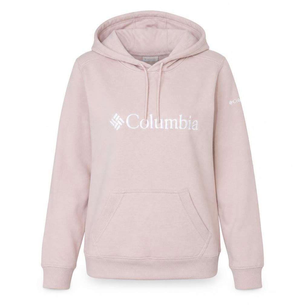 Front view of Columbia women’s pink pullover hoodie small casual logo sweatshirt