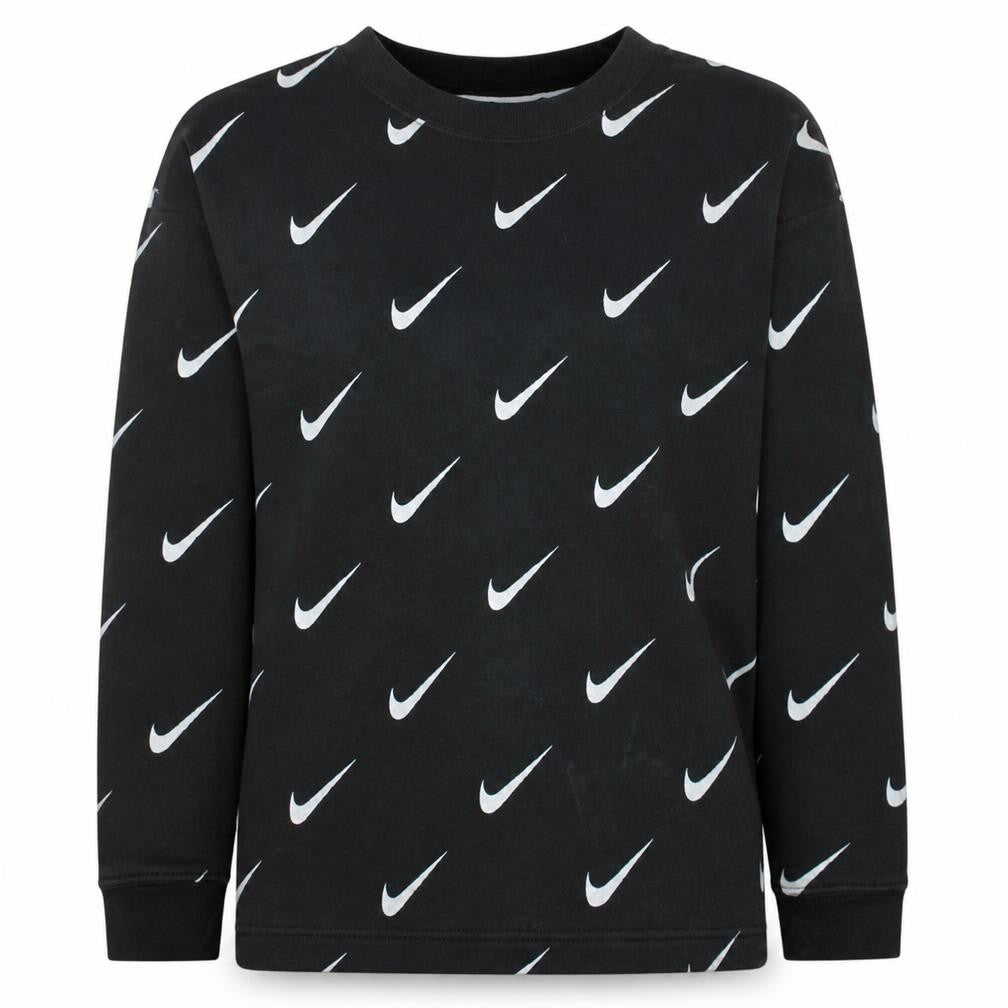 Front view of Nike women’s black xs pullover sweatshirt with allover logo print