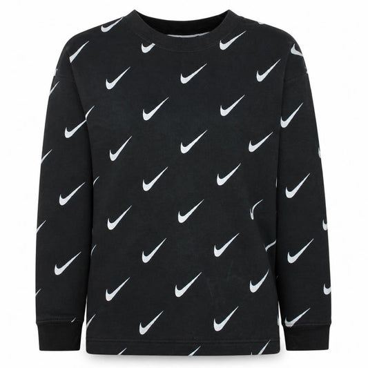 Front view of Nike women’s black xs pullover sweatshirt with allover logo print
