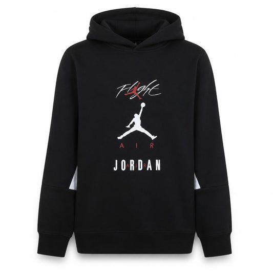 Front view of Jordan boys’ black pullover hoodie xl flight graphic print cotton blend