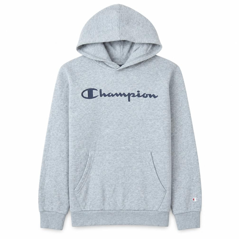 Front view of Champion boys’ grey pullover hoodie large 11-12 years classic logo sweatshirt