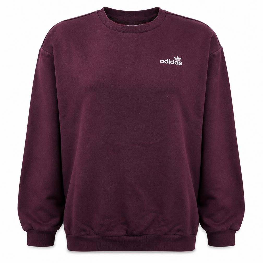 Front view of Adidas women’s burgundy crew neck sweatshirt, size UK 8, regular fit