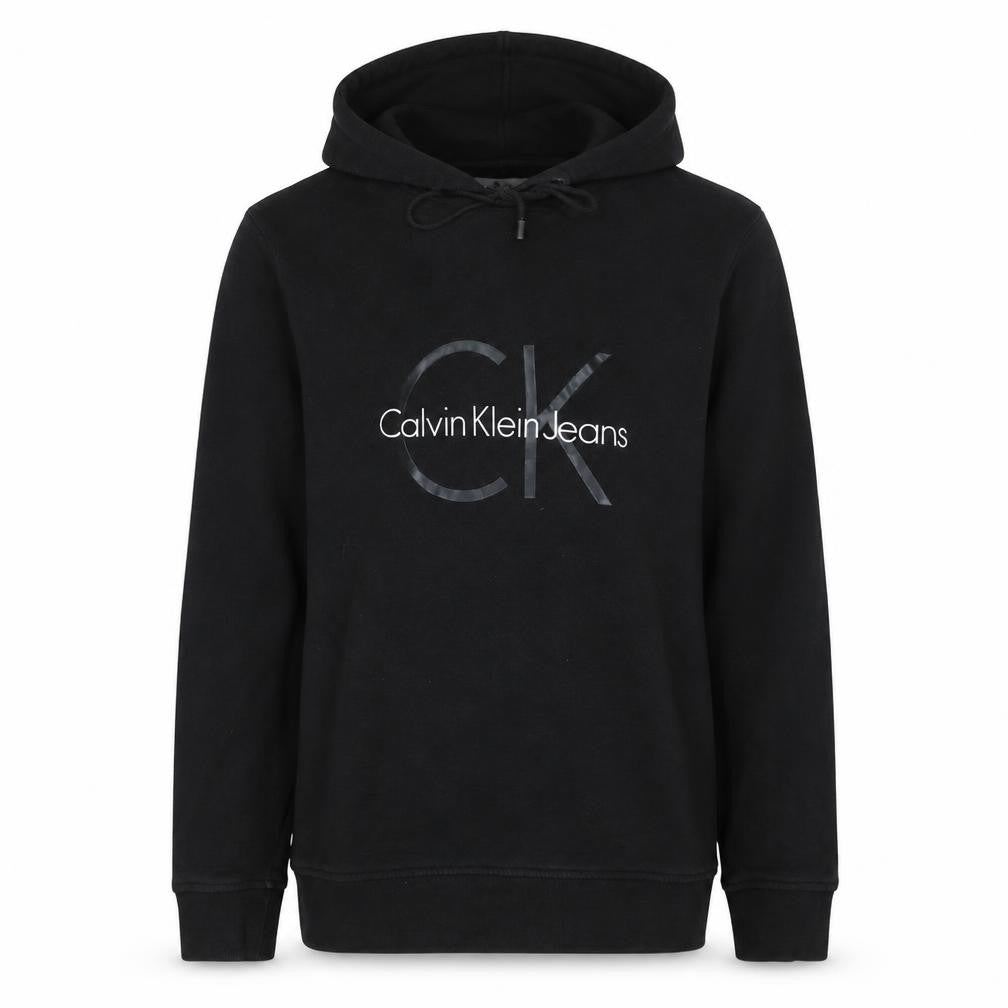 Front view of Calvin Klein Jeans Men's Black Logo Pullover Hoodie, size M
