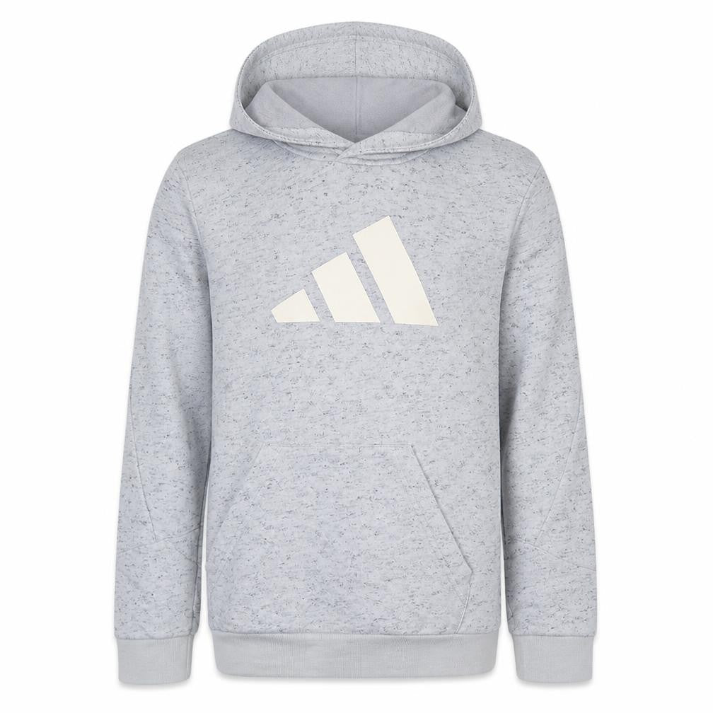 Front view of Adidas boys’ grey pullover hoodie, size 13-14, years regular fit logo print