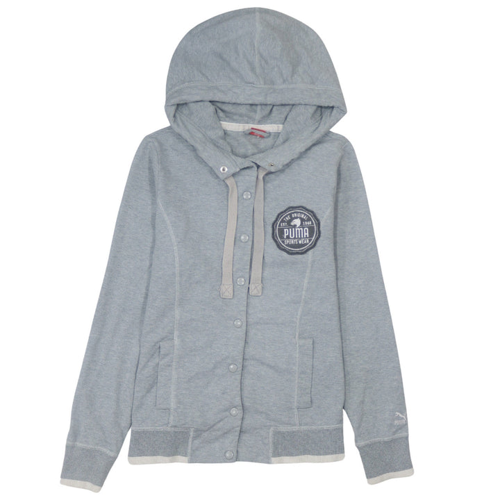Puma Womens Grey Hoodie Size 14 Snap Button Hooded Sweatshirt