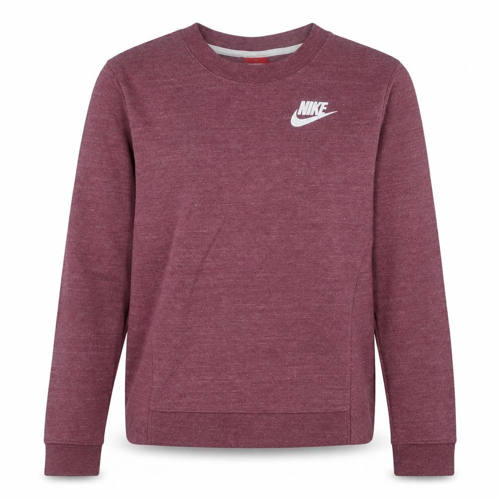 Front view of Nike women’s burgundy crew neck pullover sweatshirt, size S