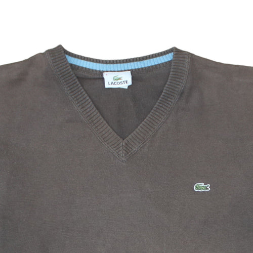 Lacoste Men Brown Cotton V-Neck Jumper Size XL