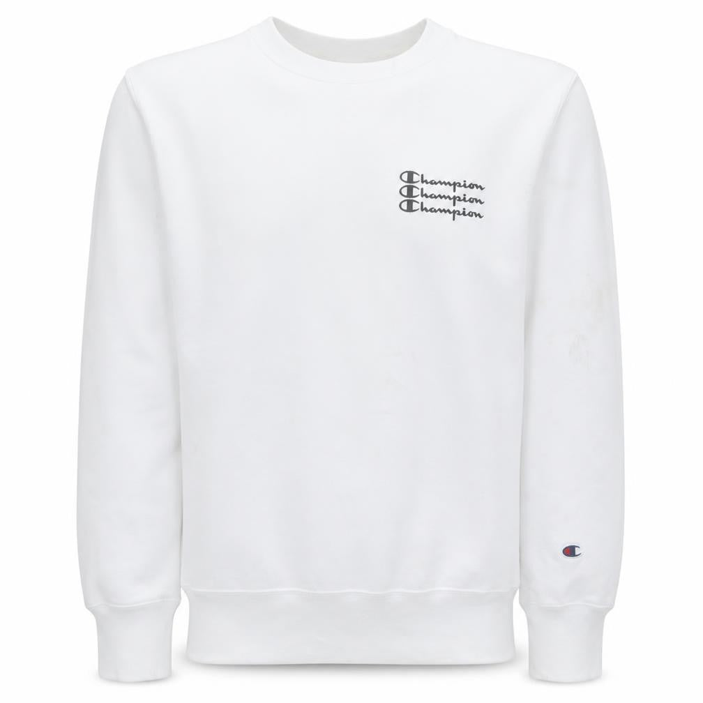 Front view of Champion Men's White Medium Crew Neck Pullover Sweatshirt
