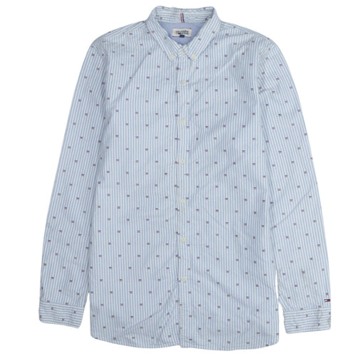 Hilfiger Denim Men's Blue Striped Button-Down Cotton Shirt Size L