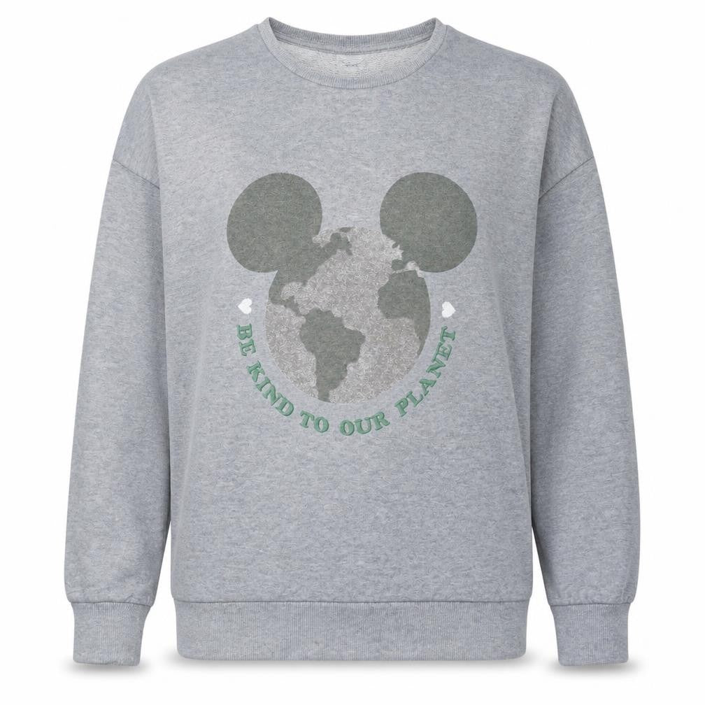 Front view of Disney Women Grey Crew Neck Pullover Sweatshirt, size M, Be Kind To Our Planet