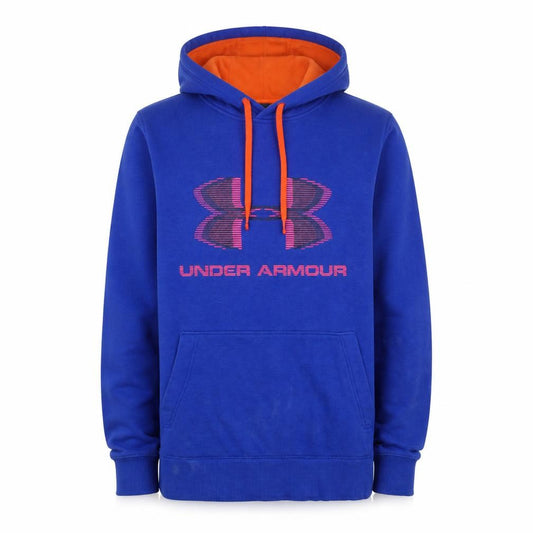 Front view of Under Armour Men's Blue Pullover Hoodie, size S, Loose Fit Logo Fleece