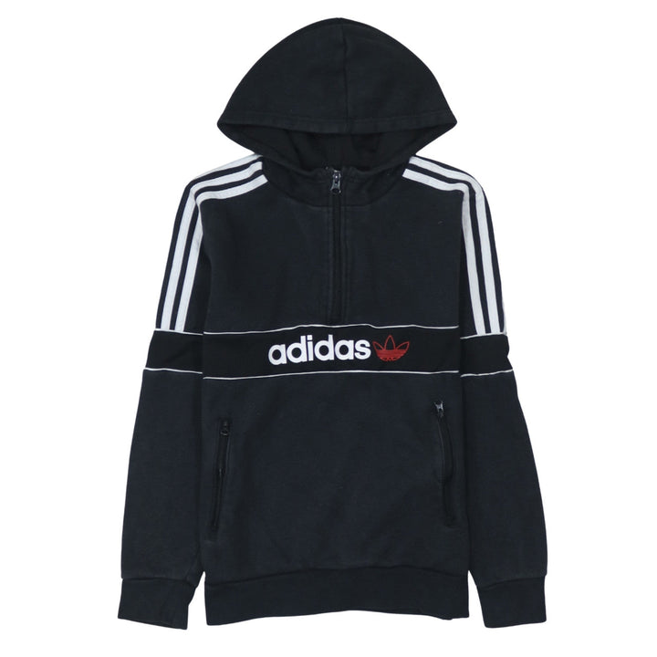 Adidas Boys Black 13-14 Years 1/4 Zip Hoodie with Stripes and Logo