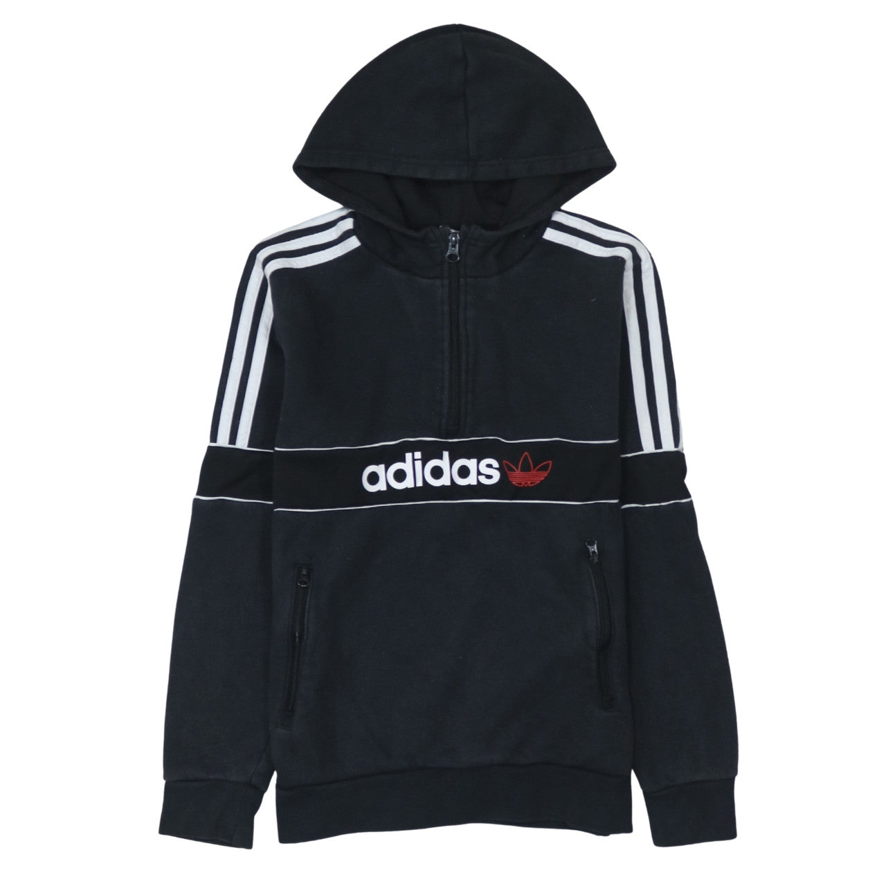 Adidas Boys Black 13-14 Years 1/4 Zip Hoodie with Stripes and Logo