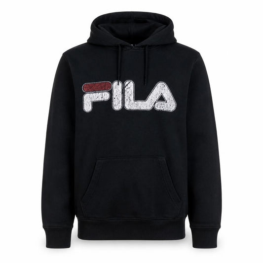 Front view of Fila Men's Black Pullover Hoodie Small Logo Fleece Sweatshirt