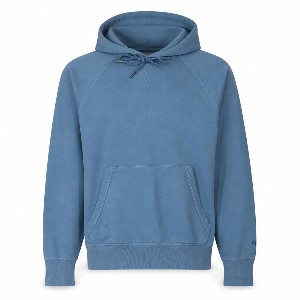 Front view of Champion Men's Blue Pullover Hoodie, size S, Cotton Fleece Sweatshirt