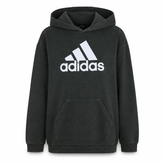Front view of Adidas women’s black small pullover hoodie with logo design
