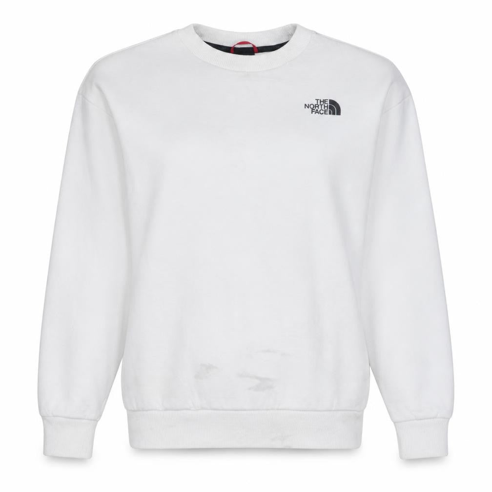 Front view of The North Face women’s white small pullover sweatshirt graphic print