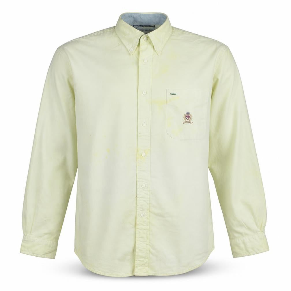Front view of Tommy Hilfiger men’s yellow long sleeve button-up shirt, size L
