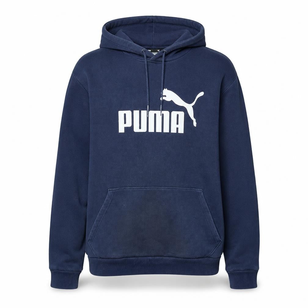 Front view of Puma men’s blue pullover hoodie xl logo fleece sweatshirt