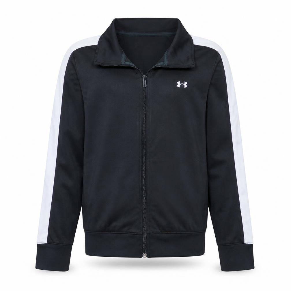 Front view of Under Armour boys’ black full zip sports sweatshirt, size S