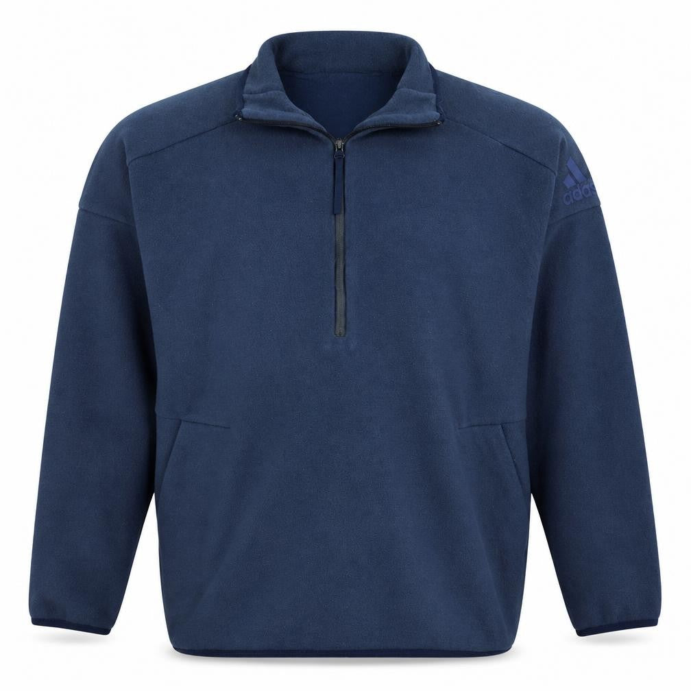 Front view of Adidas Men's Blue 1/2 Zip Fleece Pullover Sweatshirt, size M