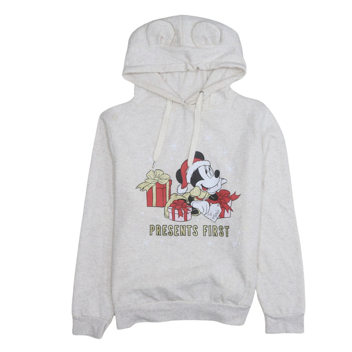 Disney Women Beige Minnie Mouse Christmas Hooded Pullover Sweatshirt Size M
