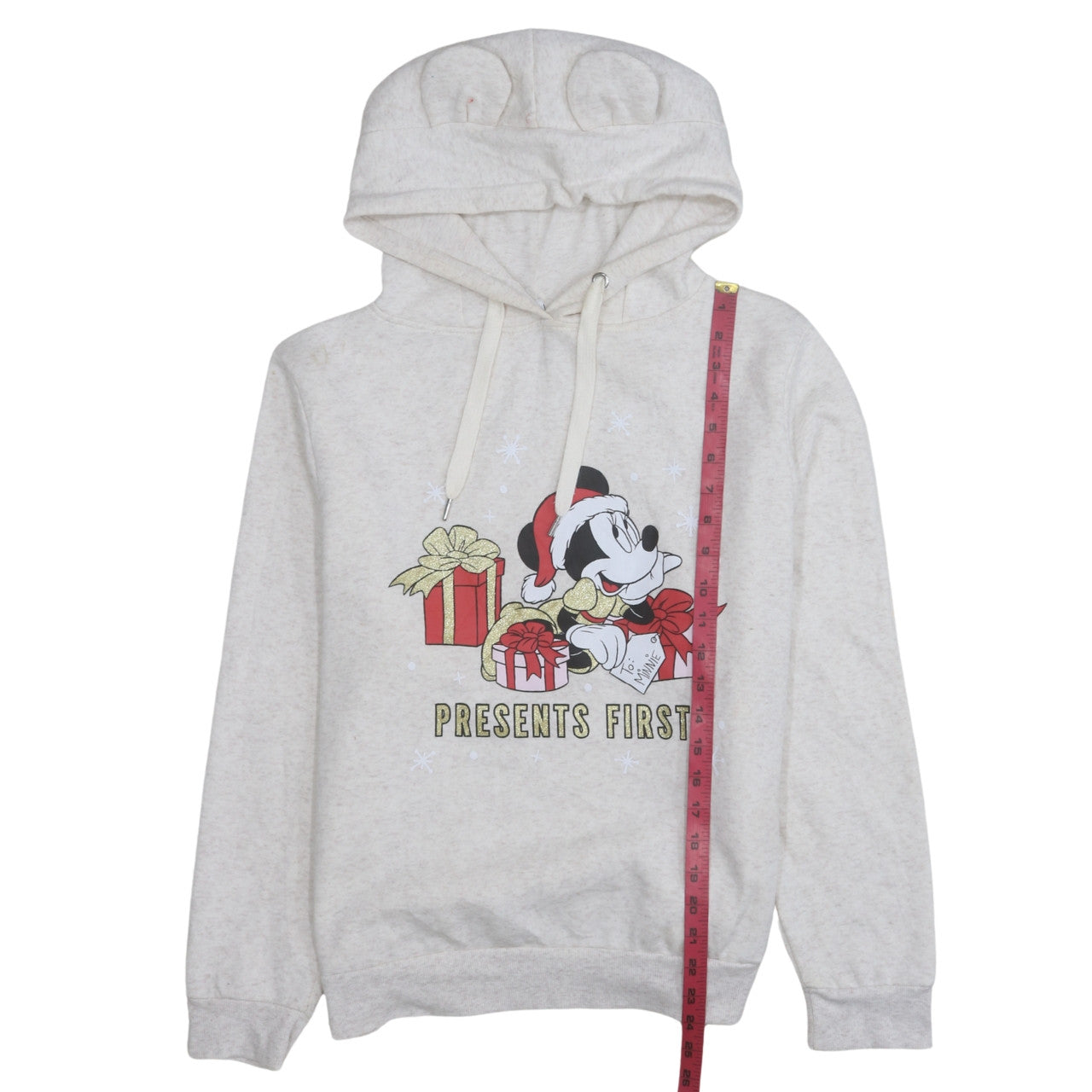 Disney Women Beige Minnie Mouse Christmas Hooded Pullover Sweatshirt Size M