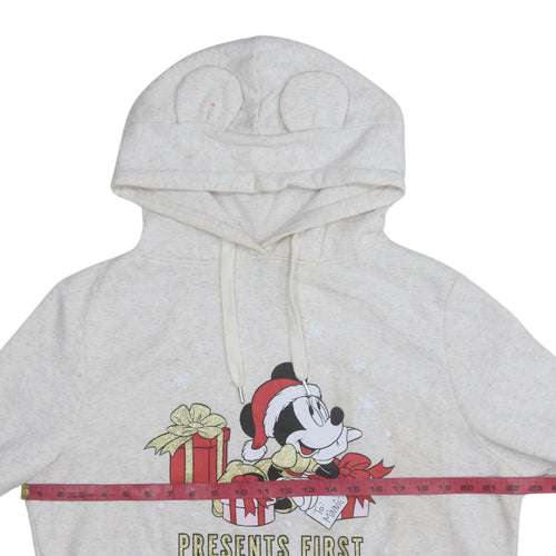 Disney Women Beige Minnie Mouse Christmas Hooded Pullover Sweatshirt Size M