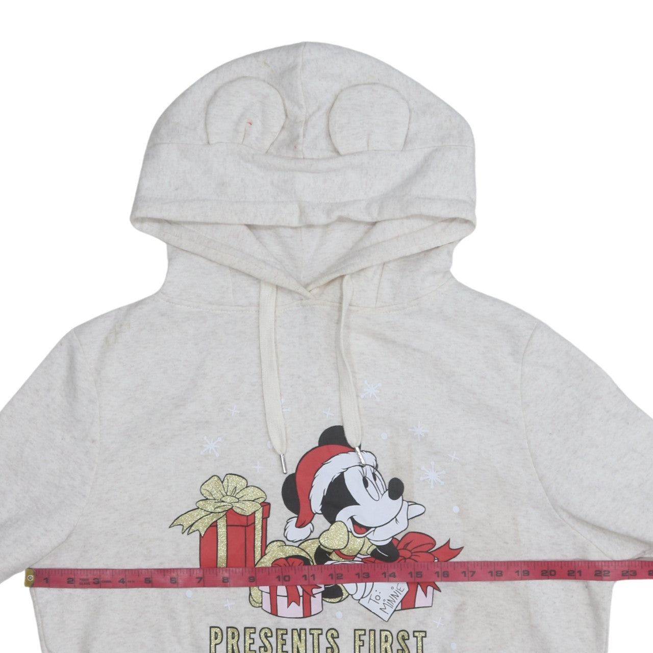 Disney Women Beige Minnie Mouse Christmas Hooded Pullover Sweatshirt Size M