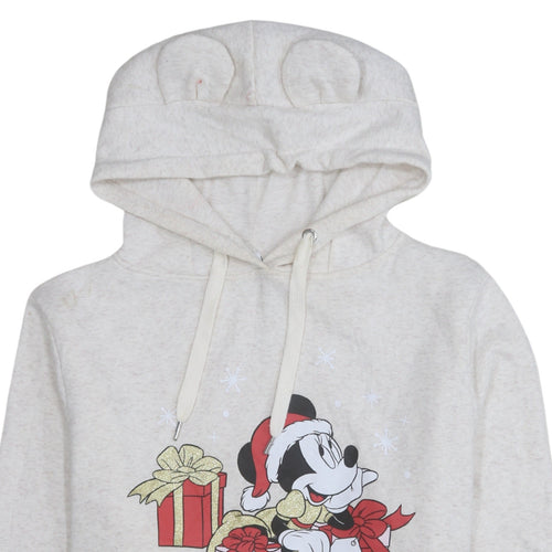 Disney Women Beige Minnie Mouse Christmas Hooded Pullover Sweatshirt Size M