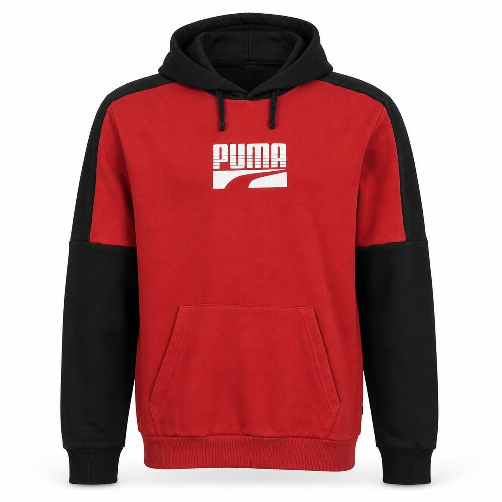 Front view of Puma Men's Red & Black Pullover Hoodie, size S, Logo Sportswear