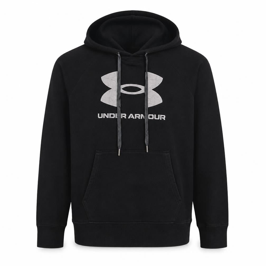 Front view of Under Armour boys’ black pullover hoodie small loose fit graphic print