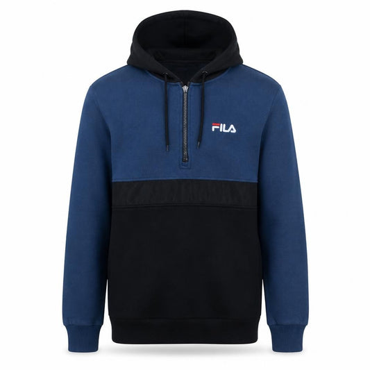 Front view of Fila Men's Blue Half Zip Hoodie, size S, Logo Sportswear