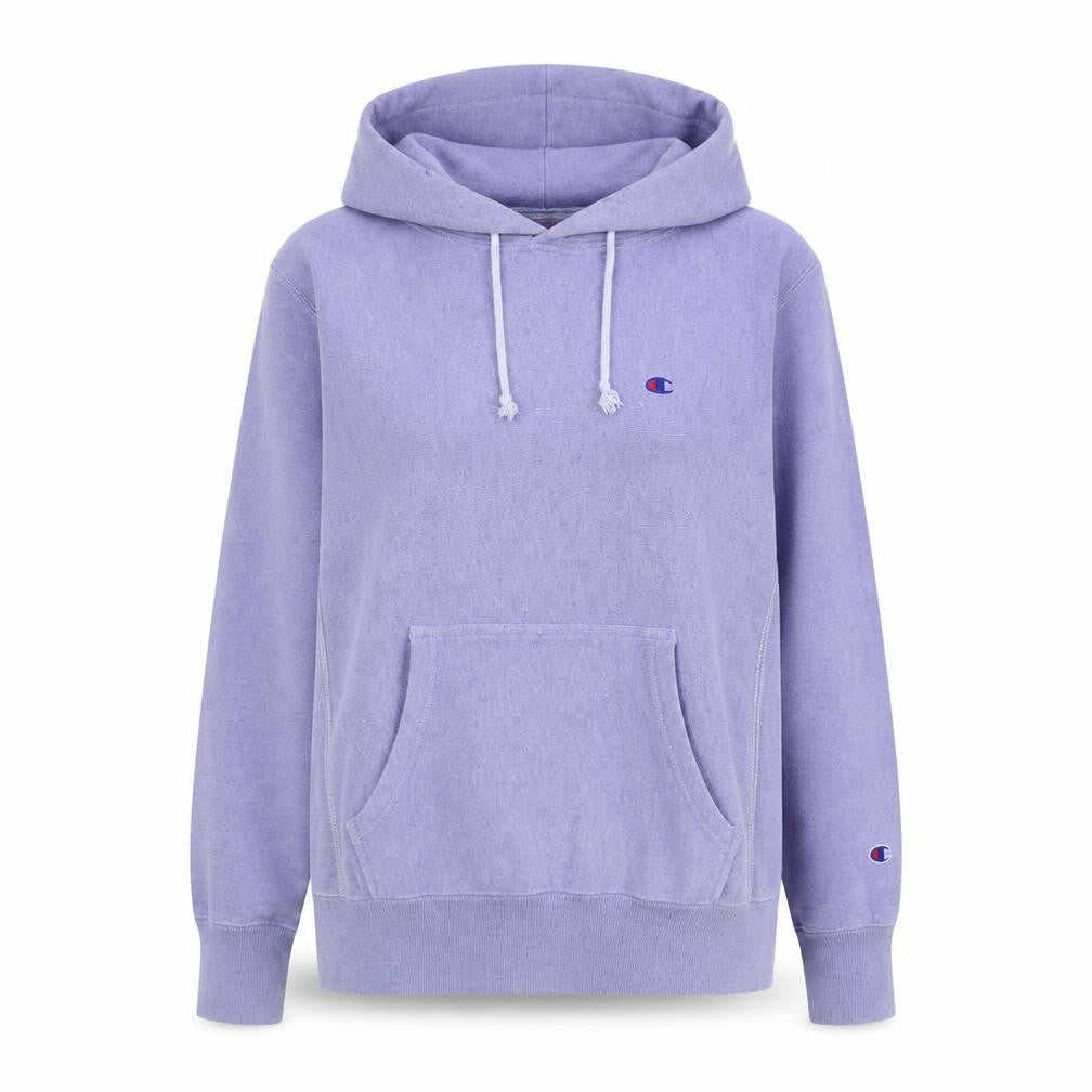 Front view of Champion women’s lavender reverse weave pullover hoodie, size L