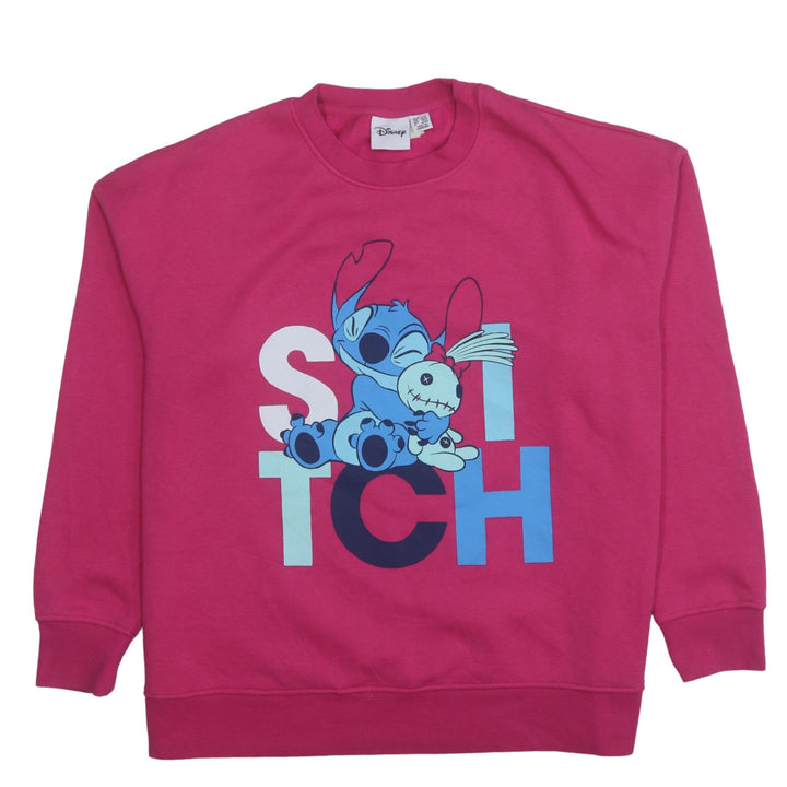 Disney Women Pink Stitch Pullover Sweatshirt L Crew Neck Cotton Blend